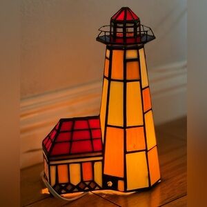 Vintage Stained Glass Lighthouse Lamp